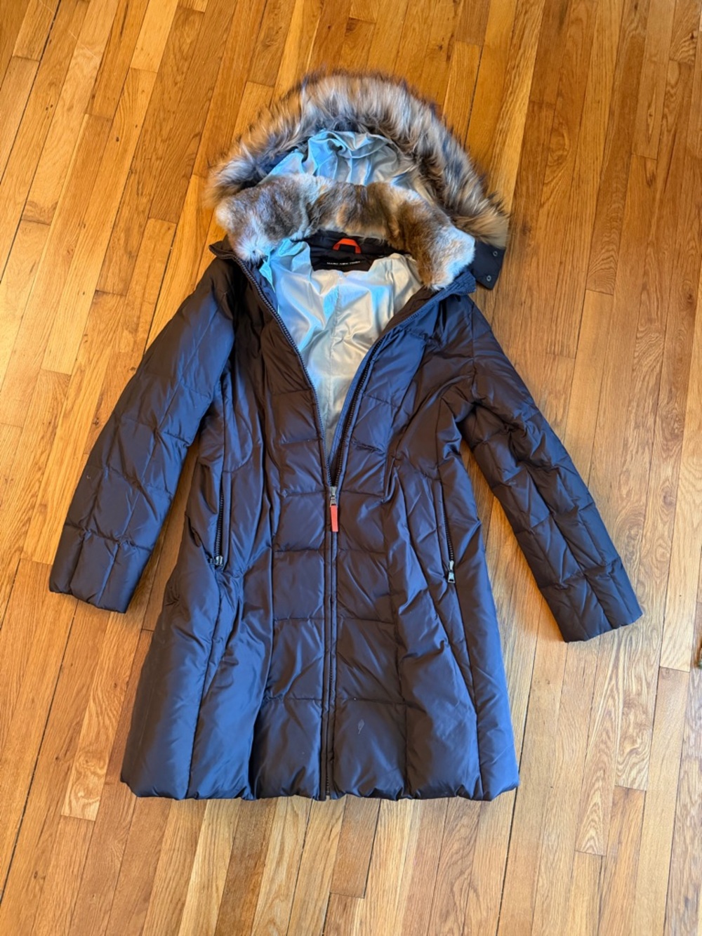 Marc By Marc Jacobs Dark Brown Long Puffer Coat with Faux Fur Trim Hood